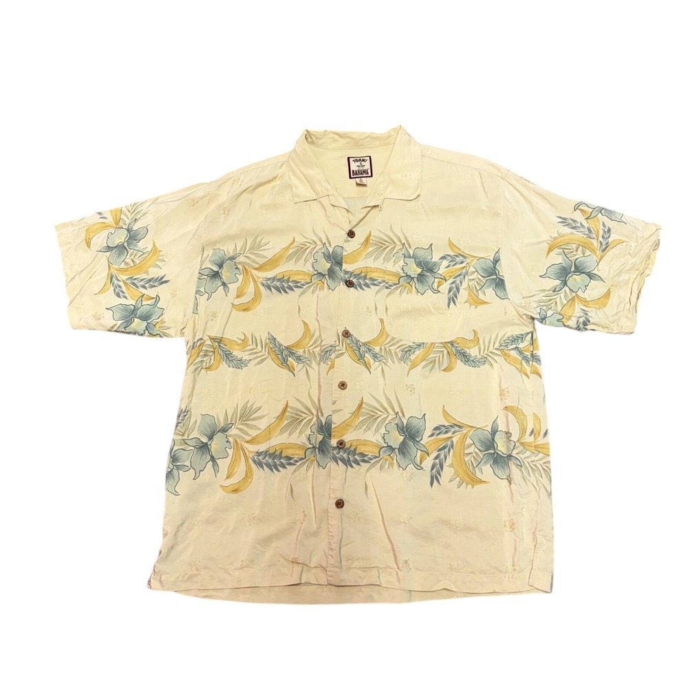 Tommy Bahama Mens XL Silk Cotton Floral Tropical Camp Shirt Yellow Short Sleeve